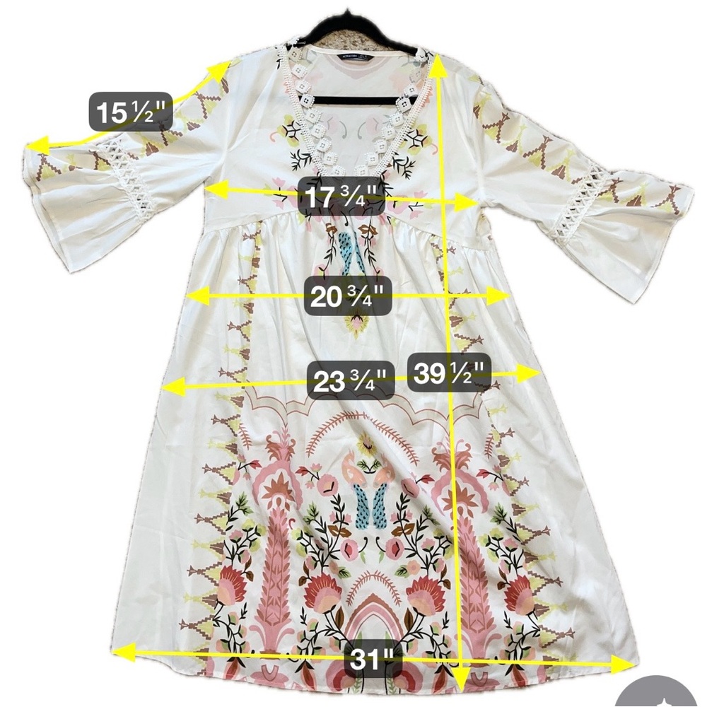 Boho White Babydoll Dress Floral V Neck Crochet Trim Cottagecore Small - Picture 8 of 8
